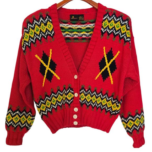 Liz Sport Vintage Red, Blue, White, & Yellow Cropped  Cardigan Button Up Sweater - Picture 1 of 6